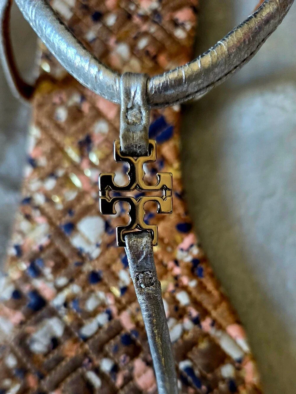 Tory Burch Metallic Silver T-Strap Sandals with Multicolor Cork-Effect Footbed